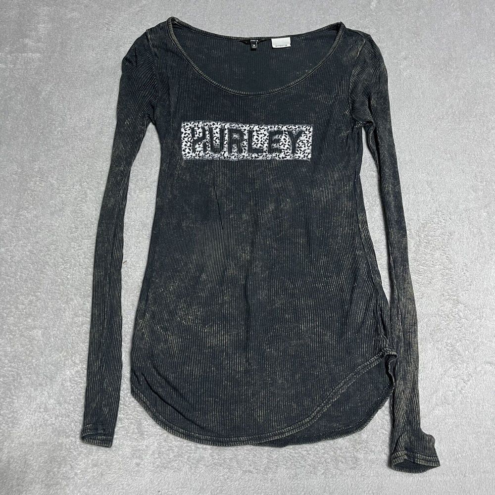 Y2K Hurley Buckle Shirt‎ Womens Small Top Ribbed Long Sleeve Mineral Black